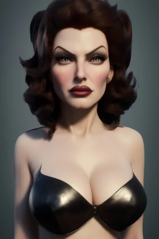 Rita Hayworth as evil queen in black leather, busty, cleavage, curvy, angry, stern look. character design by cory loftis, fenghua zhong, ryohei hase, ismail inceoglu and ruan jia. unreal engine 5, artistic lighting, highly detailed, photorealistic, fantasy