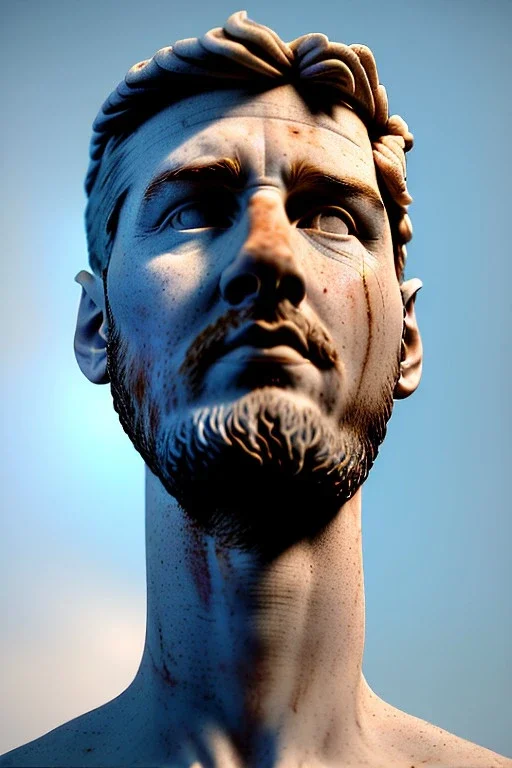 Ultra Realistic image, roman sculpture, white marble material, Lionel Messi, gold winner Laurel crown, miguel angel style, chisel style, emperor, waist up portrait, epic, celestial, cinematic lighting, God light, god rays, 4k resolution, smooth details, ornate details, soft lighting, unreal engine 5, sky and clouds background.