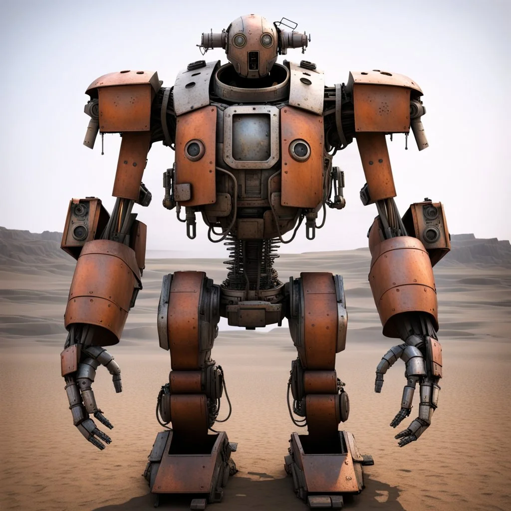 trash mech suit, human-sized, made of scrap metal, cockpit in chest cavity, light rust, round, loose wires, escape hatch