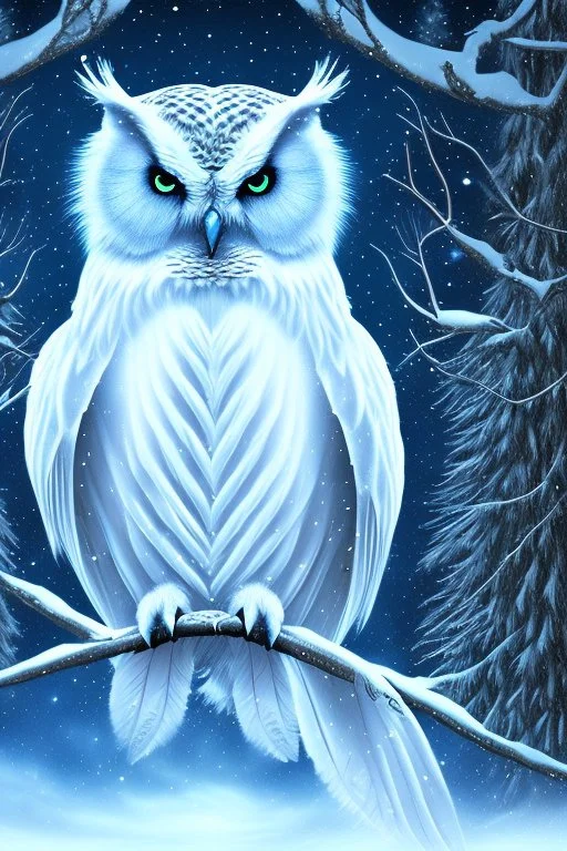 Beautiful snow owl in a magical forest with magical cosmic sky.