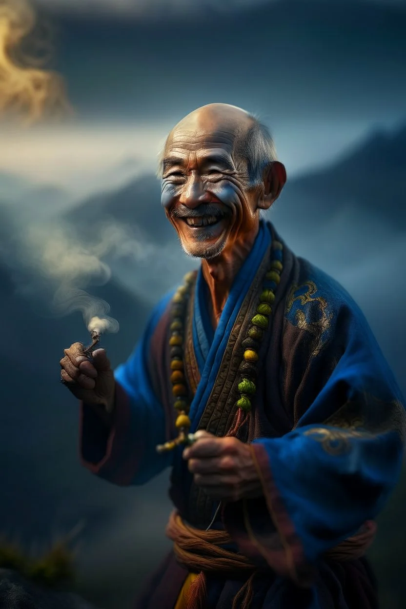 portrait of yoga kung fu dragon laughing smoke rings at mountain top , lightening storm brewing,shot on Hasselblad h6d-400c, zeiss prime lens, bokeh like f/0.8, tilt-shift lens 8k, high detail, smooth render, down-light, unreal engine, prize winning