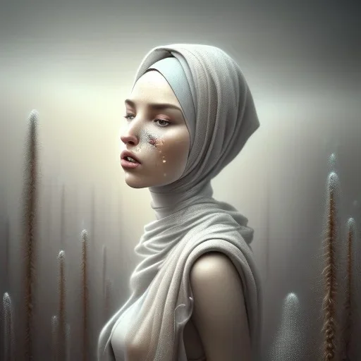 clouds of dust, fog, blowing dust as woman's face, dissolving, disintegrating, wearing hijab, fine detail, highly intricate, modern surrealism painting, high-quality, volumetric lighting, 8k, ultrahd, George Grie, Marco Escobedo, Igor Morski,Brian Froud, Howard Lyon, Selina French,