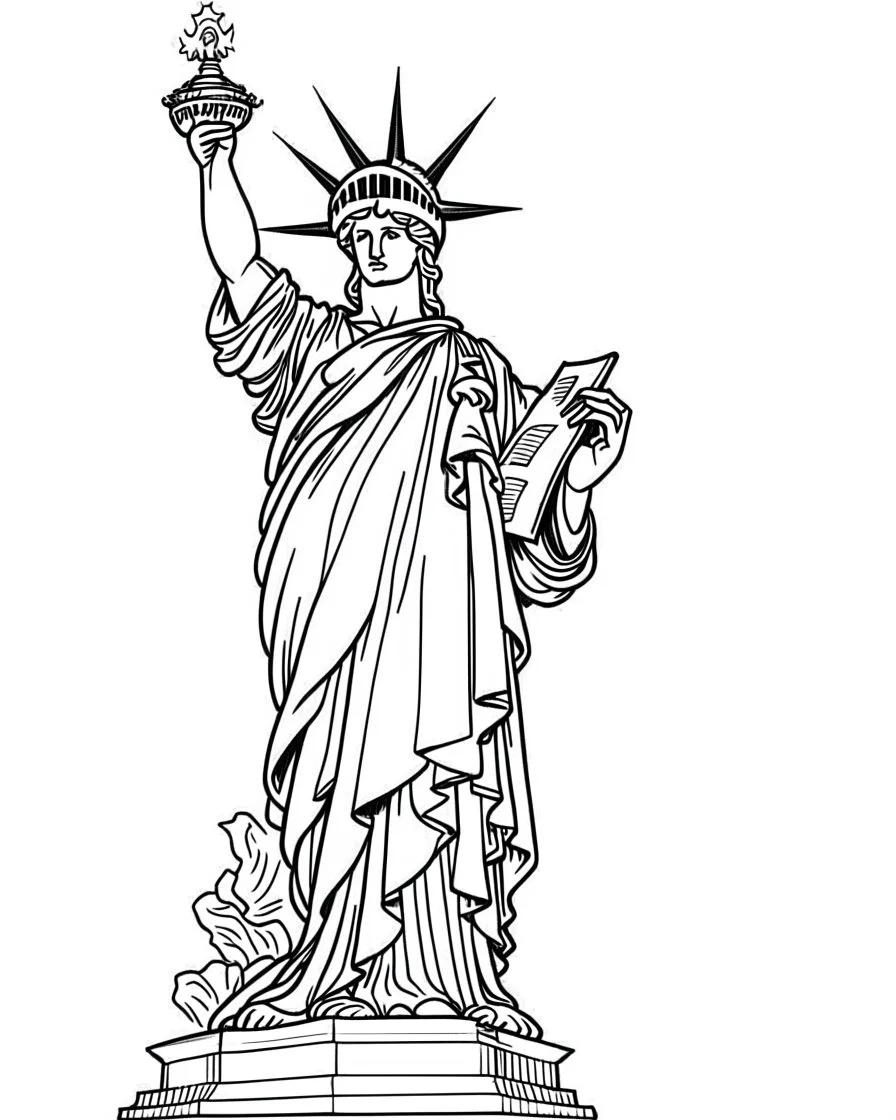 New york city Statue of Liberty coloring page, full body (((((white background))))), only use an outline., real style, line art, white color, clean line art, white background, Sketch style.