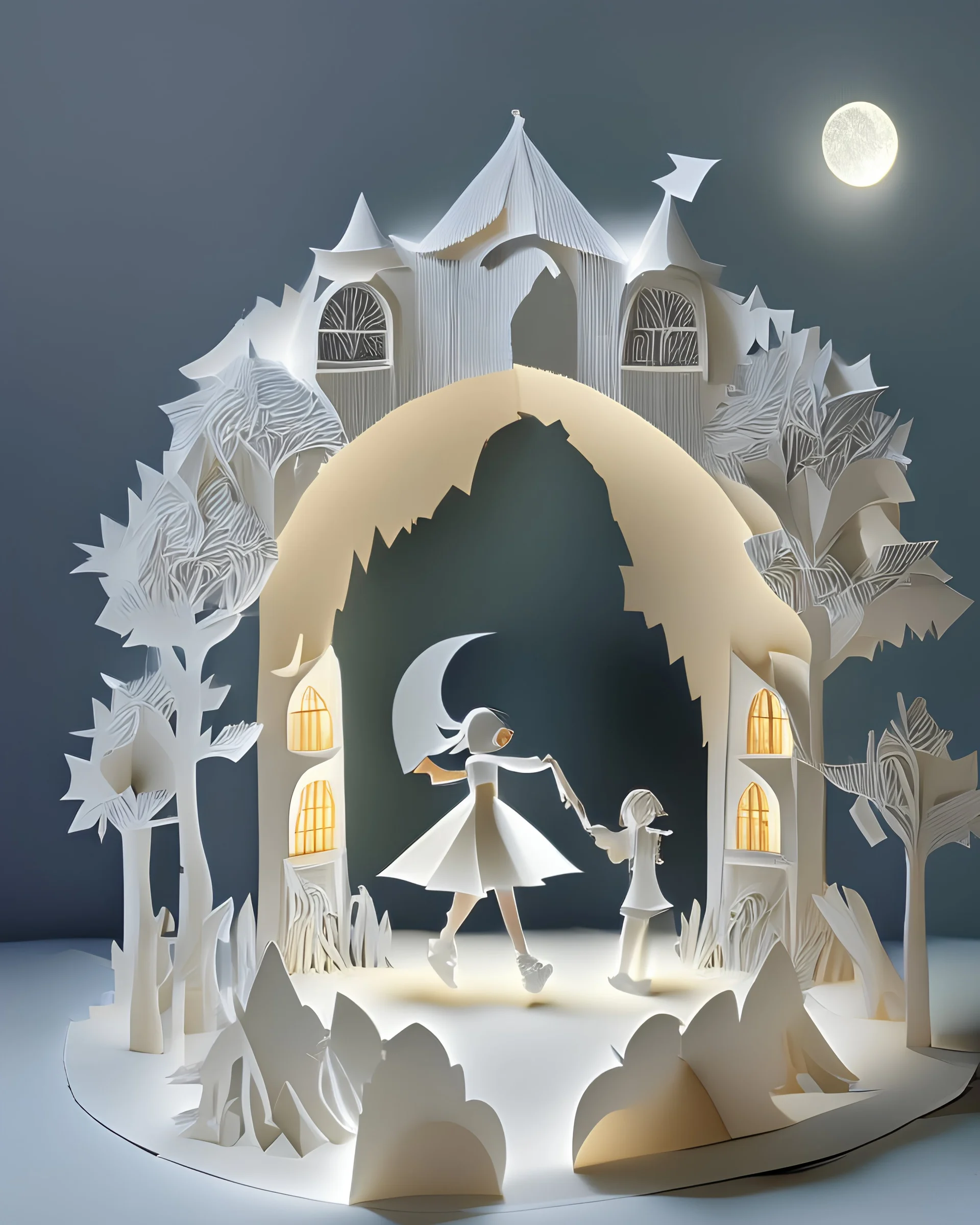 a papercraft composition made of lightweight white cardboard, in the upper half there's a young cartoon girl riding a half moon, in the lower half there's a small village made of half a dozen whimsical, white gazebos. Papercraft, fairytale, children popup book, soft shadows, ambient occlusion, studio lighting, high quality studio advertising photography, 8k, tim burton, nightmare before christmas, pointy sharp gothic look, sleepy hollow, corpse bride