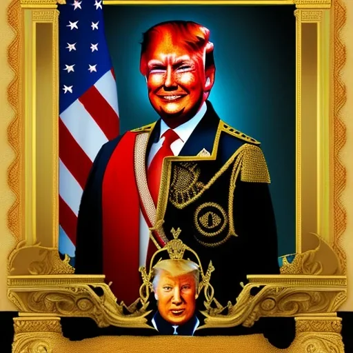 Donald Trump, oil painting, crown, sitting, throne, dragons