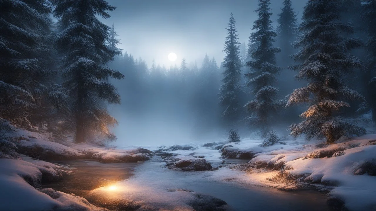 fir forrest scenery, heavy mist,valley,creek,forest,christmas ,tree,,nature,night,snow,fir tree,high-quality photograph,zeiss prime lens, bokeh , high detail, smooth render, unreal engine 5, dust effect, vivid colors,night