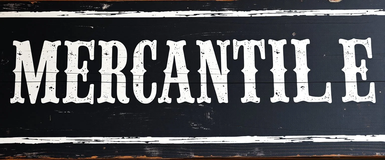 fill composition with large and wide hand painted old western sign that reads: "MERCANTILE" white on black with inset white stripe boarder aged paint on wood sanserif
