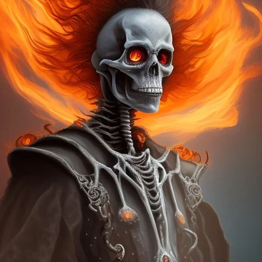 A skeletal man with fiery eyes, a black and leather dress, a long black cloak, sitting on a big, skeletal and fiery horse, full HD, 4K, 8K, magical, fantasy, 3D, symmetrical, detailed and complete painting