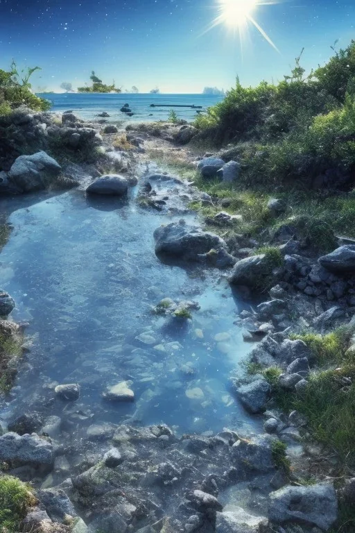 ciel bleu etoilé, petit lac, NÉNUPHAR, mousse sur les rochers, vray, bouillard au sol, soleil