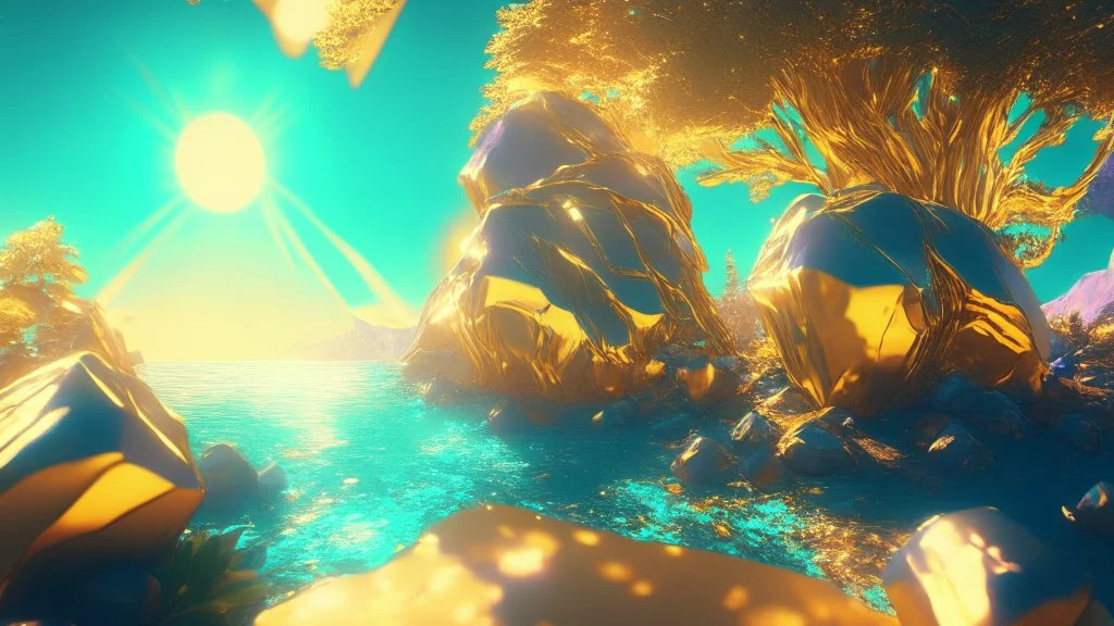 gold crystal cosmic and galactic ambiance hill sky sea ocean space galaxy rocks sunny trees pools surreal, full of details, smooth, bright sunshine，soft light atmosphere, light effect，vaporwave colorful, concept art, smooth, extremely sharp detail, finely tuned detail, ultra high definition, 8 k, unreal engine 5, ultra sharp focus