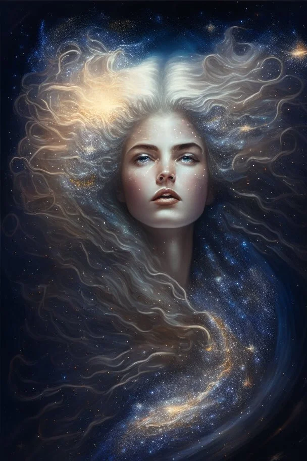 Kobieta Piekna polaczony z kosmosem I muzyka portrait of a powerful, celestial figure, with flowing, star-studded hair and eyes that contain entire galaxies