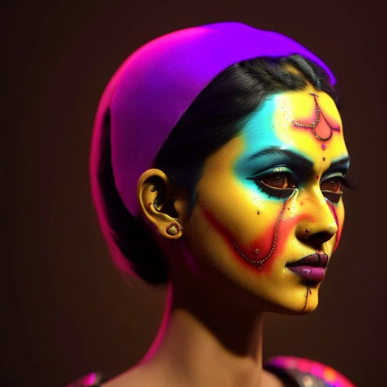 pretty indian cyber woman, cold ambient, latex, cables, purpurin, blood, black, gold, piercings, brown, decorative color feathers, circuits, neon style, a lot of led lights, fog, rain, vibrant color, highly detailed, art stations, concept art, smooth, unreal engine 5, god rays, ray tracing, RTX, lumen lighting, ultra detail, volumetric lighting, 3d, finely drawn, high definition, high resolution.