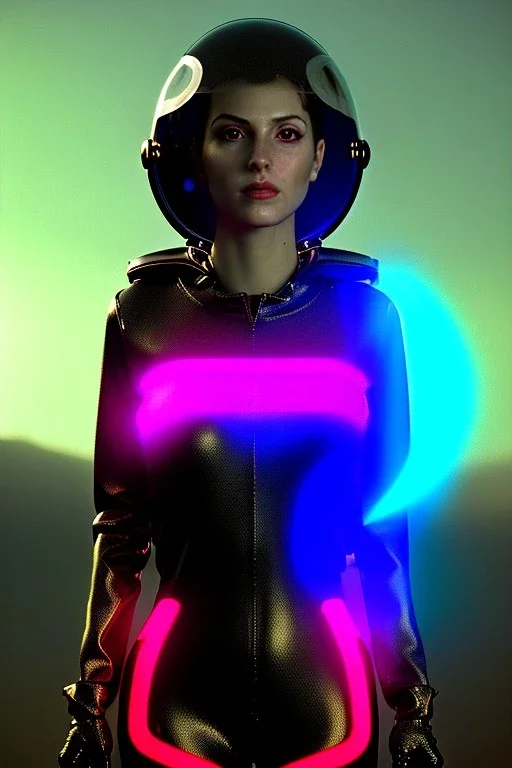 Ultra Realistic retro sci-fi scene, portrait, brunette woman, sweet Monica Belucci face, perfect iris, glow eyes, makeup. Alien Saturn background, Retro sci-fi style, helmet, tight latex coat, fog, rain, soft color, highly detailed, unreal engine 5, ray tracing, RTX, lumen lighting, ultra detail, volumetric lighting, 3d, finely drawn, high definition, high resolution.