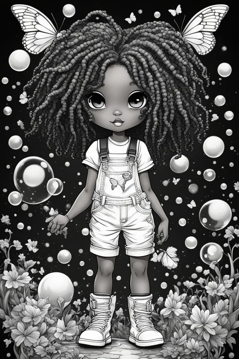 Create an coloring page of a psychedelic illustration of a chibi cartoon black young girl wearing overalls and boots. . Highly detailed sister locs. Background of a large bubbles and butterflies all around her, black and white