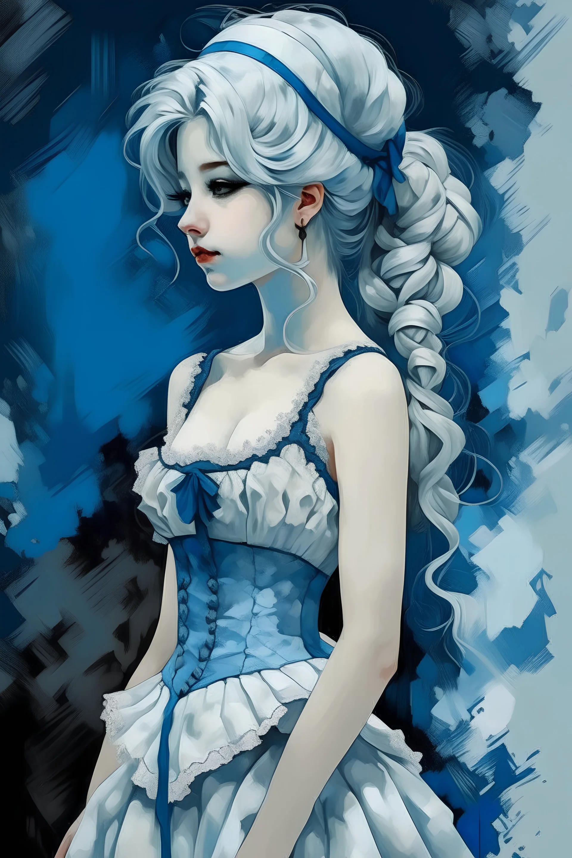 indigo girl with a barroc hairstyle wig in a white corset in oil painting effect ink brushstrokes