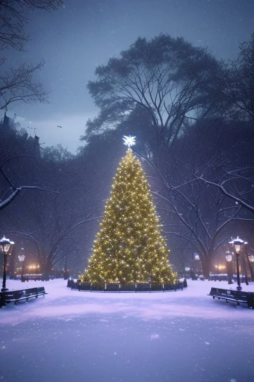 Central park, Realistic night christmas, snow, 4k, big tree christimas, intricate, bump