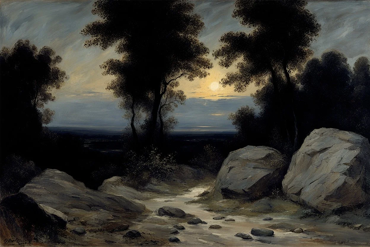 Night, rocks, trees, begginer's landscape, friedrich eckenfelder, willem maris, and otto pippel impressionism paintings