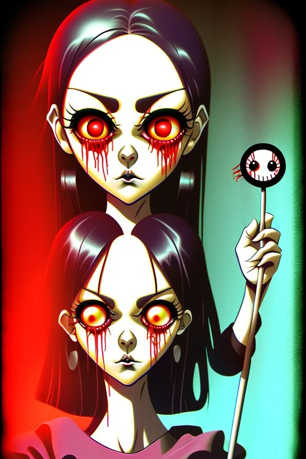 Cartoon bloody eyeball lollipop. illustration, 90s airbrush style, manga inspired, horror art, junji ito , exaggerated