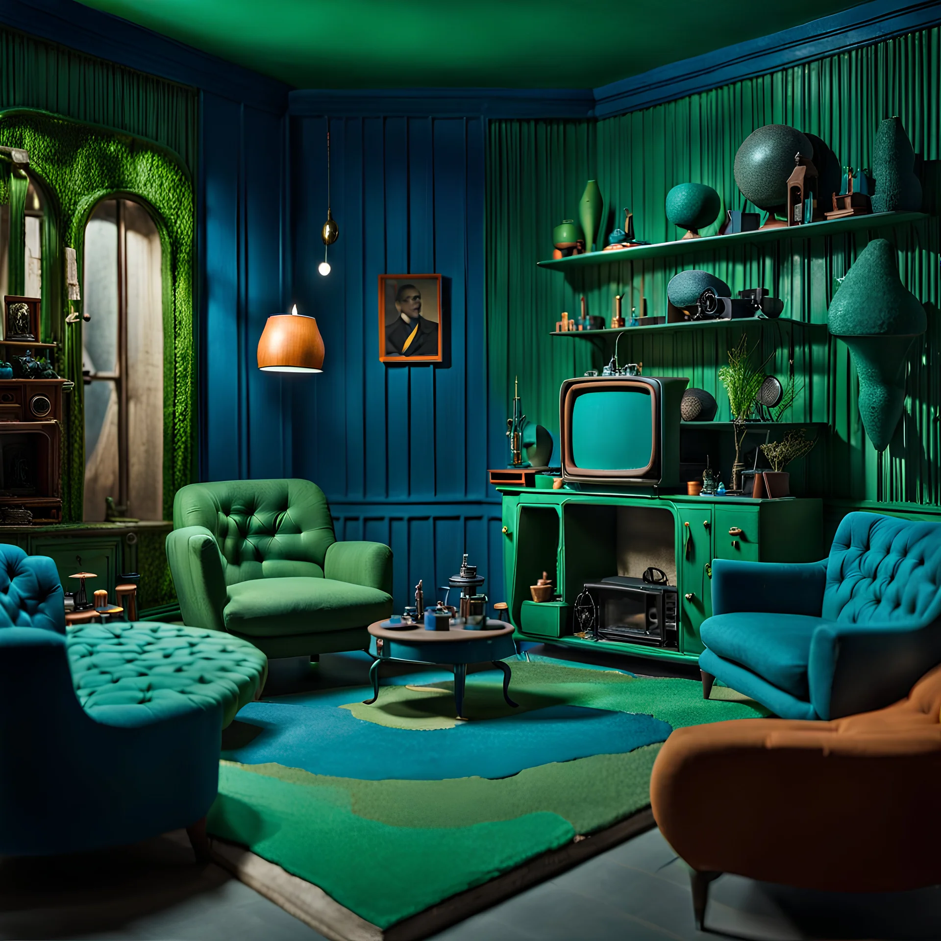 Detailed cozy living-room made of modeling clay, odd furnitures, naïve, strong texture, TV studio 1950's shot, extreme detail, Max Ernst, green and blue moody colors, sparkles, Yves Tanguy, odd