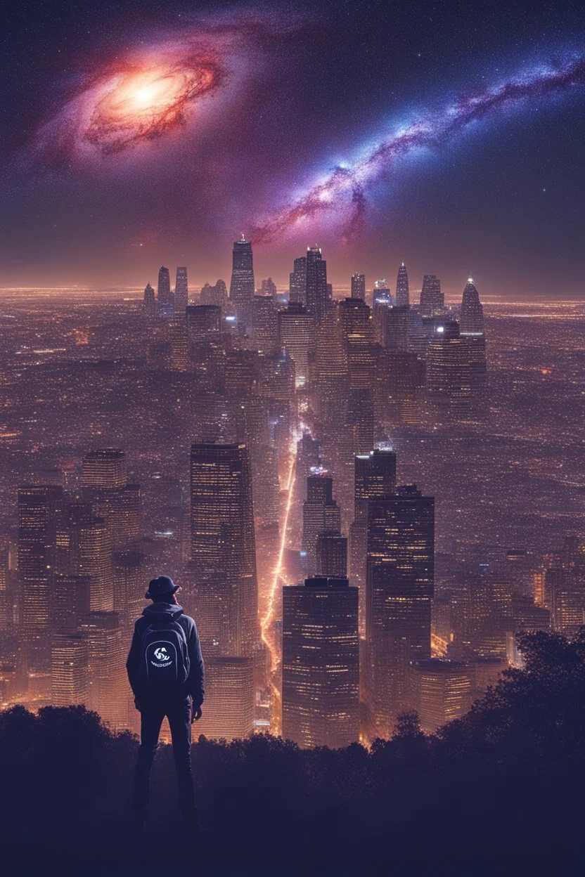 Supernova overlooking a city in the Milky Way galaxy with a person wearing a hat and a backpack with the Shift logo on it