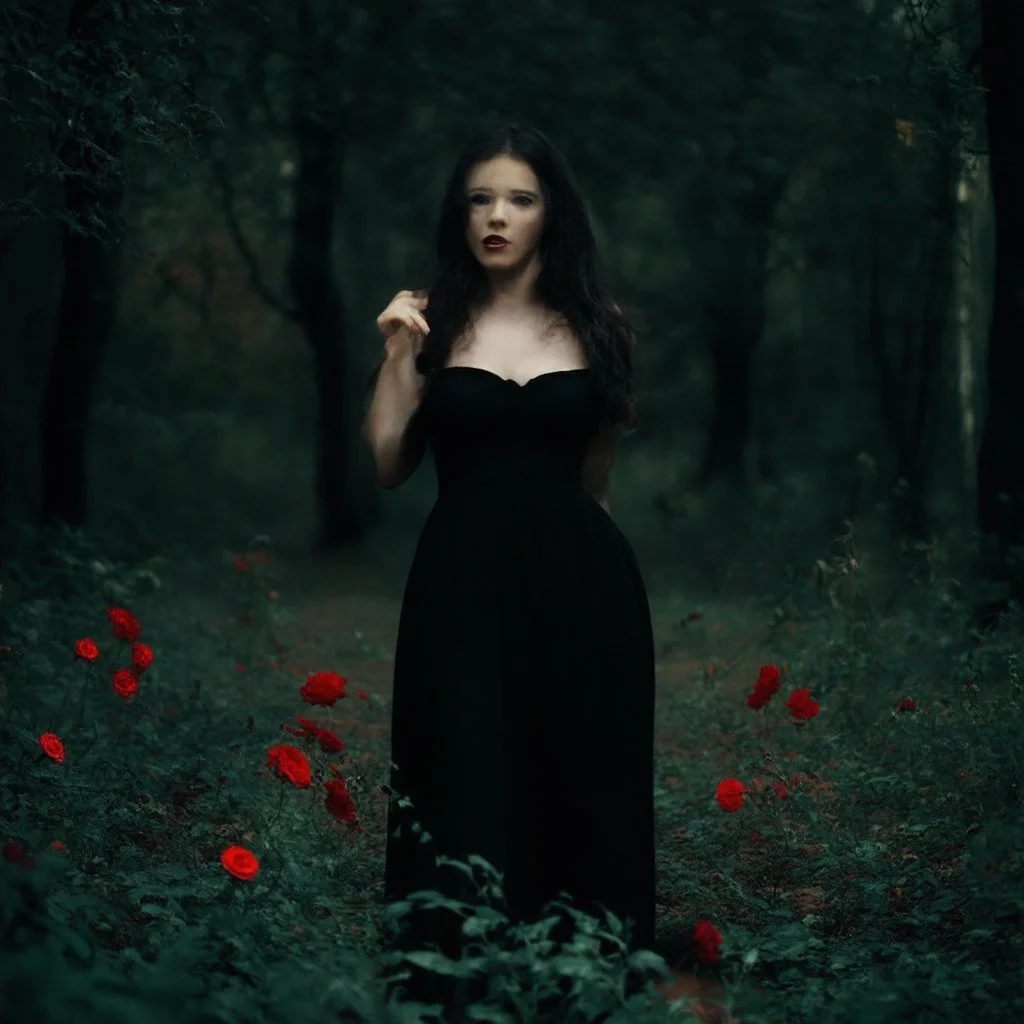 Night, one woman in black dress taking red flowers, vegetations, forest, doom, creepy, gloomy, gothic dark influence