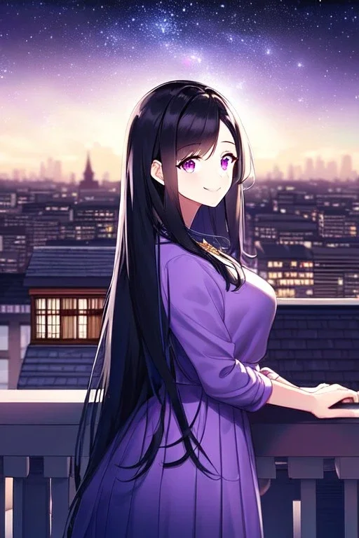 girl, masterpiece, best quality, cinematic lighting, detailed outfit, vibrant colors, perfect eyes long hair, black hair, purple eyes, night sky, starry sky, shooting star, rooftop, town, smile,