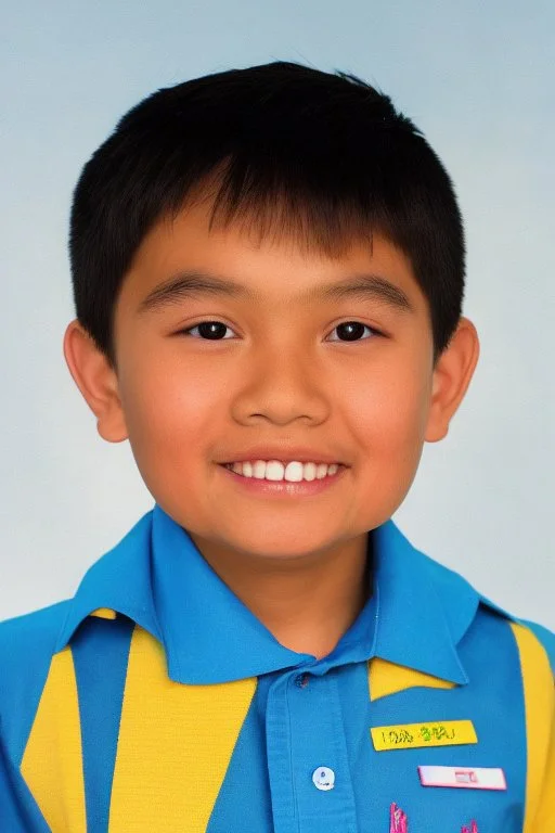 6 year old asian schoolboy in his school uniform portrait, high details