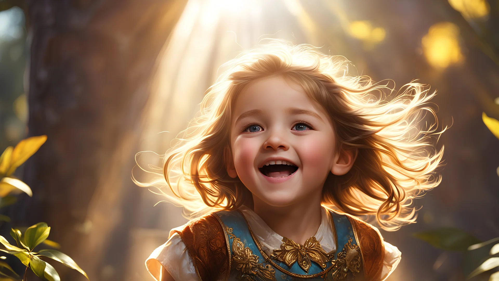 ((Masterpiece:1.3,concept art,best quality)),joyful little girl,macro,sunlight,fantasy,dynamic composition,dramatic lighting,epic realism,award winning illustration