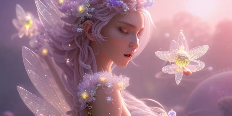 crystal subtle flower in a galactic ambiance beautiful fairy, transparent, delicate colors, in the foreground, full of details, smooth，soft light atmosphere, light effect，vaporwave colorful, concept art, smooth, extremely sharp detail, finely tuned detail, ultra high definition, 8 k, unreal engine 5, ultra sharp focus