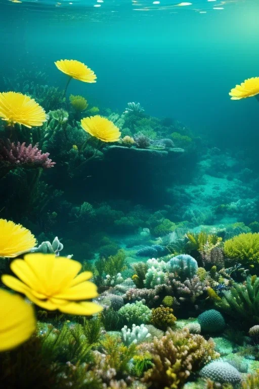 Muge Anli underwater with yellow flowers for hair, closed eyes, rtx, reflection, 8k, glow, winning photography, caustics