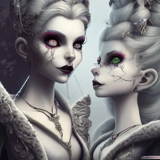 extrem tim burton style of the evil stepsisters, sharp focus, photorealistic eyes