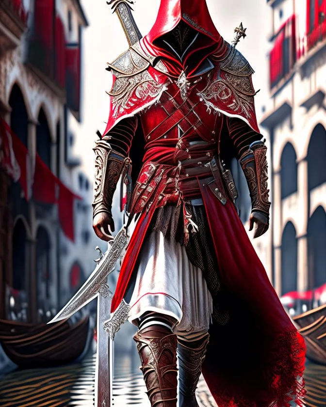 Assassin creed con dagas y espadas detalles en los pantalones en el pecho y en las botas caminando por Venezia capa arte digital hiperdetallado detalles intrincados obra de arte blanco rojo 8k