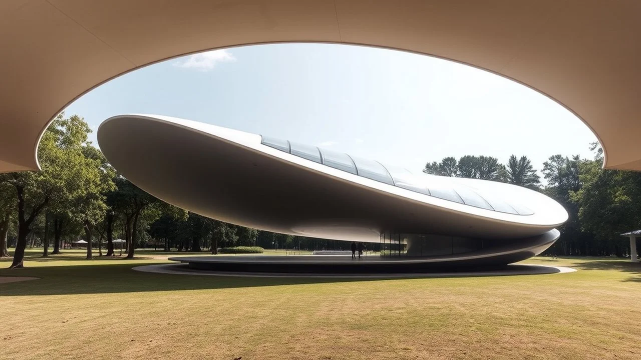 A large, elliptical-shaped pavilion set in the middle of a tranquil park. The building's sleek, continuous curve hugs the earth, with an elliptical glass roof that reflects the sky and surrounding nature. The smooth lines of the structure create a calming flow, and its minimalistic design emphasizes organic shapes inspired by natural curves. Award-winning photograph.