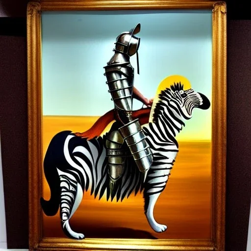 retrato de un perro con armadura montando una zebra con estilo de Dalì