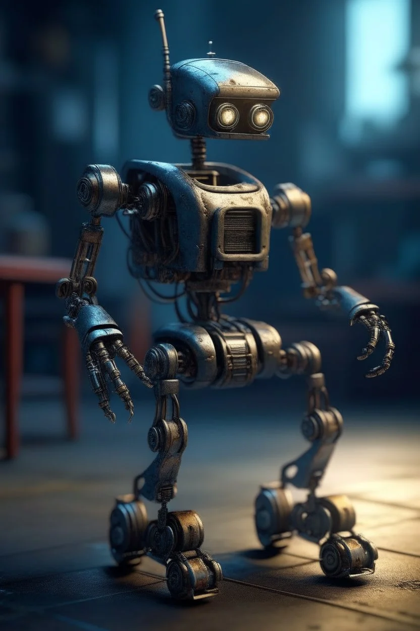 old robot with walking chair, zeiss prime lens, bokeh like f/0.8, tilt-shift lens 8k, high detail, smooth render, down-light, unreal engine, prize winning