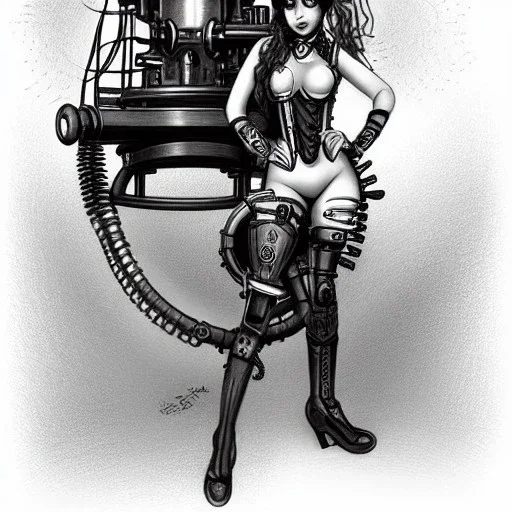 great illustrator, spanish, pencil sketch of a cute girl, beautiful, steampunk syle, black and white. Helmet with tubes. Machinery in the background. High details.