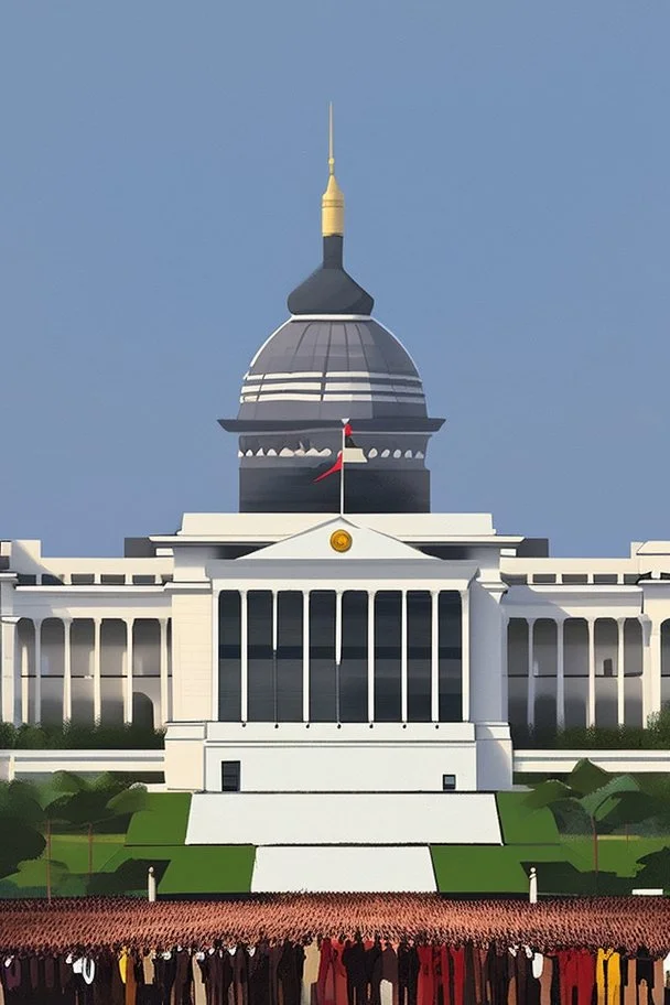 To governors having a speech in front of a huge building painting