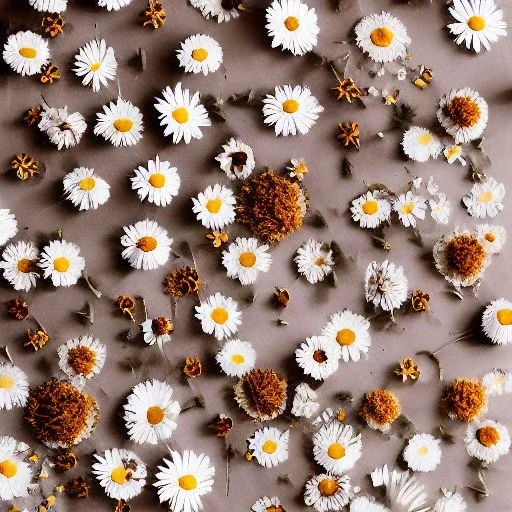 circle arrangement of small dried flowers on white textured paper, pressed flowers, aesthetic layout, beautiful composition, daisies, vintage, brightly lit, tender