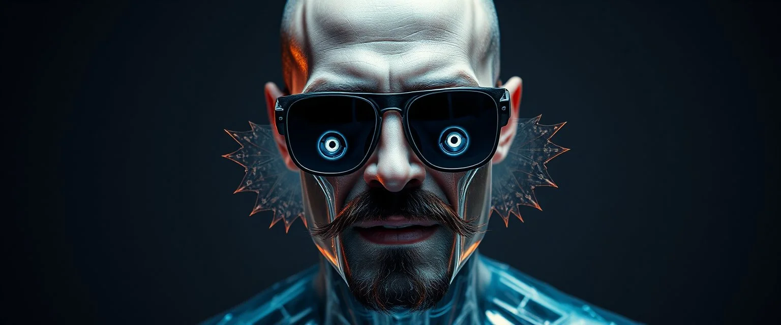 portrait of upper body of cool transparent guy made with nano tape and with shades and mustache and bald head, saw blade beholder eye tyrant flating beholder kin with eyes on each saw blade tooth saying something profound