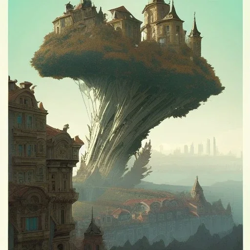 Skyline+city on inslands+Trainstation on cliff+Vignola classicism +palladio+detailed facades+uphill road+trees+ biopunk+Book illustration by Gediminas Pranckevičius, Jean Baptiste Monge, Brian Kesinger, Anton fadeev, Kilian Eng, strong lines, high contrast vibrant colors, highly detailed, 16k resolution, trending on behance