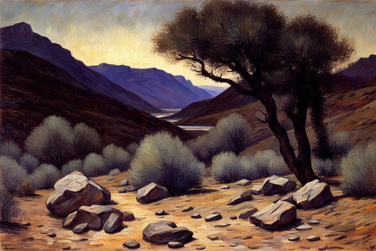 Dry trees, night, arid land, vegetations, rocks, little river, mountains, gustave caillebotte impressionism painting