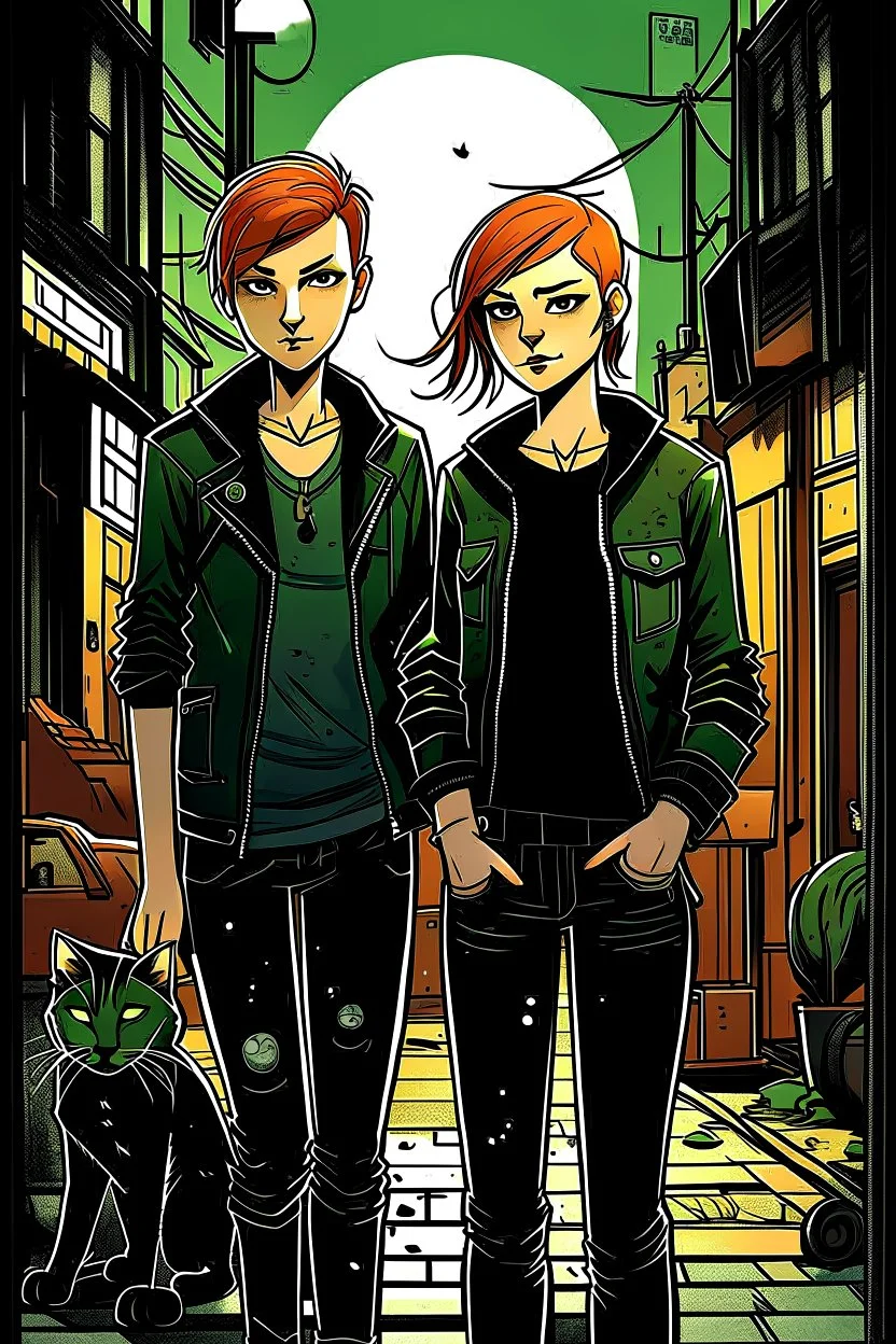 Design a book cover. Two teenage boys with ginger hair, green eyes, and pale faces. Between them, in the centre, a teenage punk girl in dark clothes, heavy boots, leather jacket. The black cat next to the girl, small town, mysterious mood, graphic style, Margot Robbie style, night with light glares.