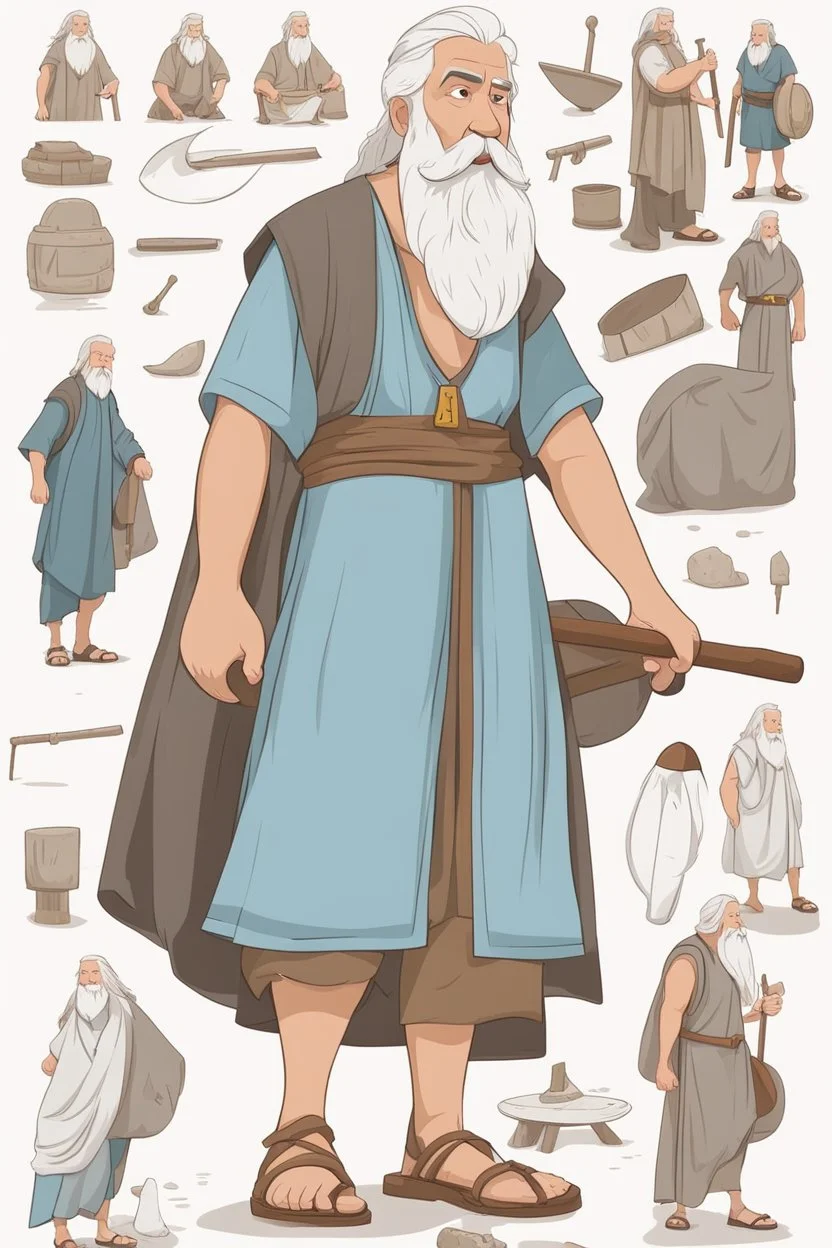 Noah, biblical character, long tunic, sandals on his feet, white beard and hair, hammer in his hand, model sheet, cartoon style, cute, 2d, minumalism, simple art.