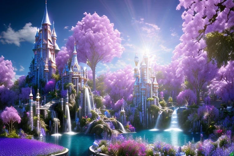 luminous white crystal castle,fountain, sun,swanns,waterfall, BLUE LAKE, SWANNs,blue bugainvillier flowers, jacaranda violet trees, sky pink blue, full of details, smooth, bright sunshine，soft light atmosphere, light effect，vaporwave colorful, concept art, smooth, extremely sharp detail, finely tuned detail, ultra high definition, 8 k, unreal engine 5, ultra sharp focus