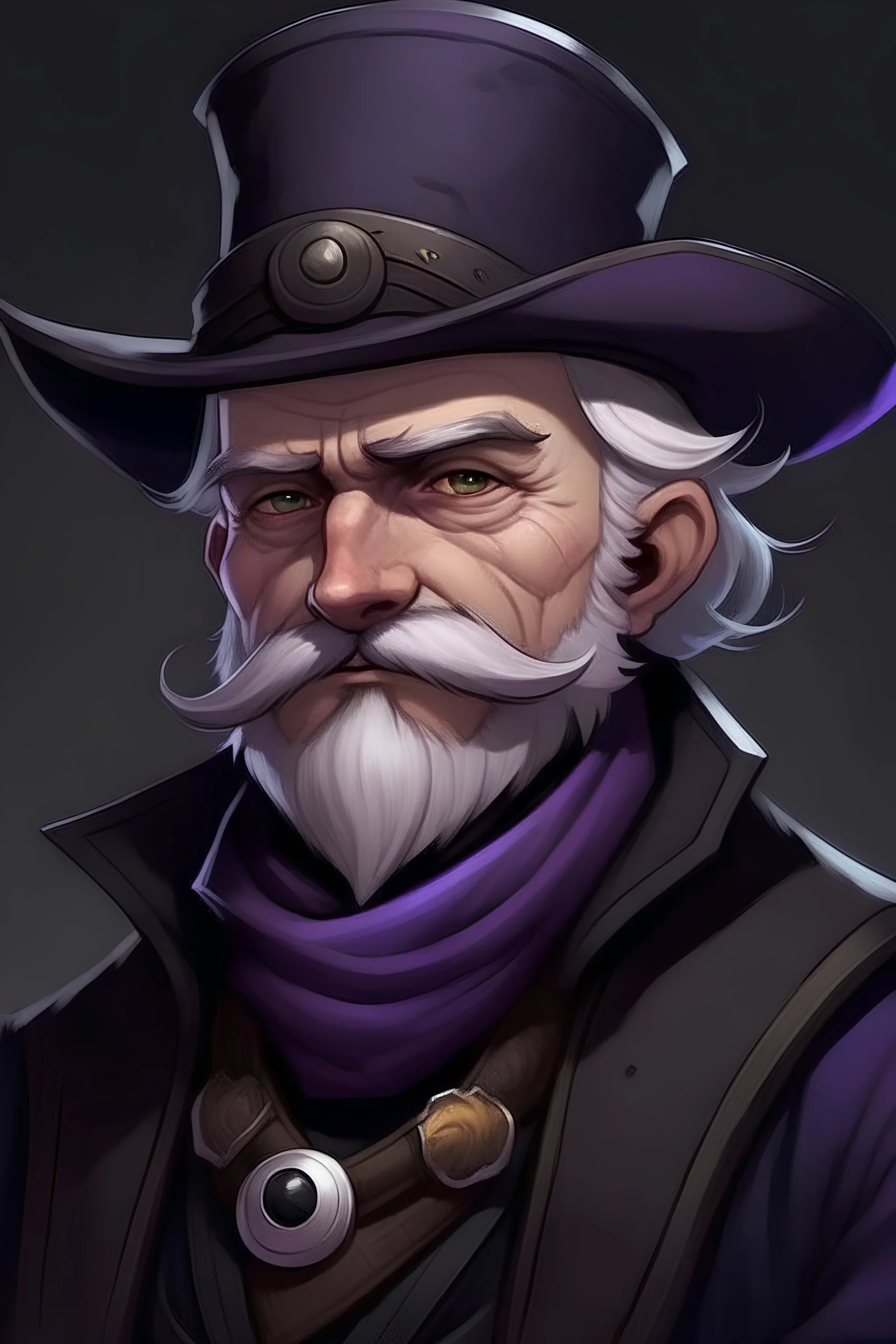 dwarf rogue gambler long black coat flat hat handle bar mustache white hair, purple skin, younger