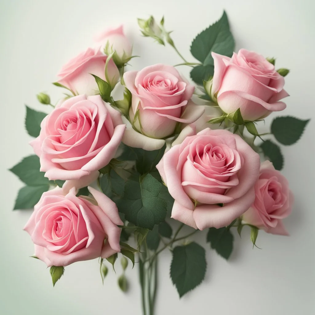 A bouquet of pink roses with delicate green on a light background