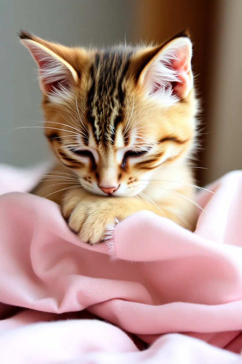 Sad little cat hugging a piece of cloth