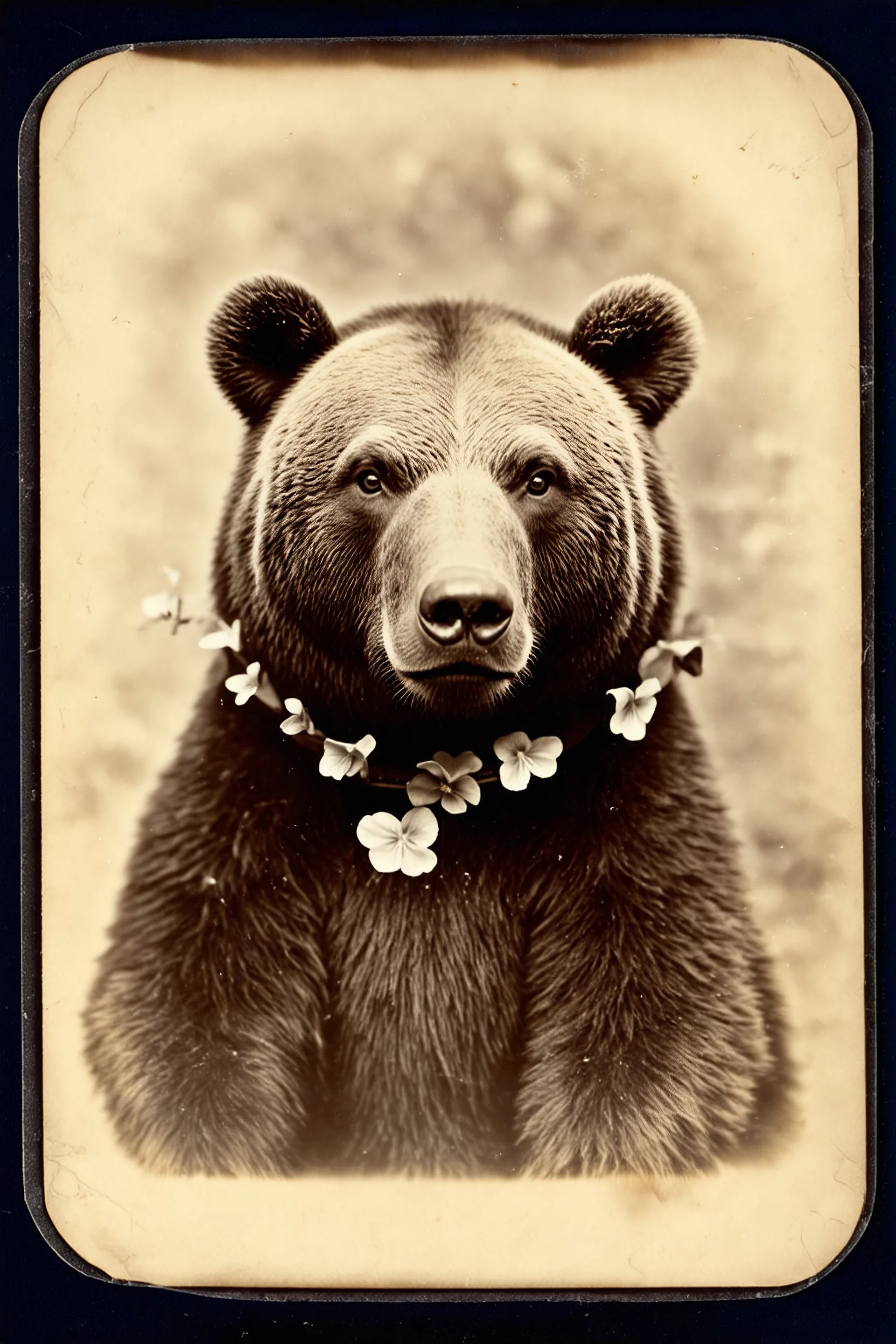 Ours brun avec un collier de violettes, , tintype