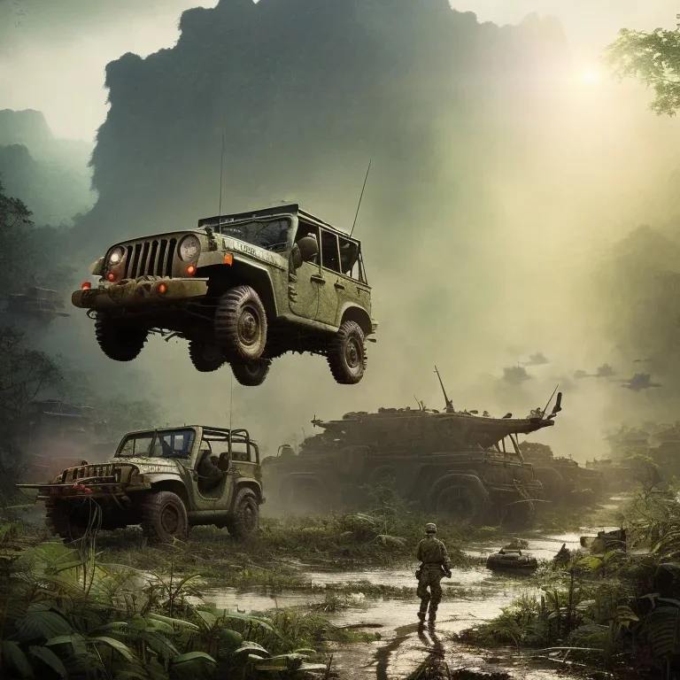 vietnam war. war report. jeep in jungle. poster. bokeh. lens flare. warm lights. high detailed. beksinski