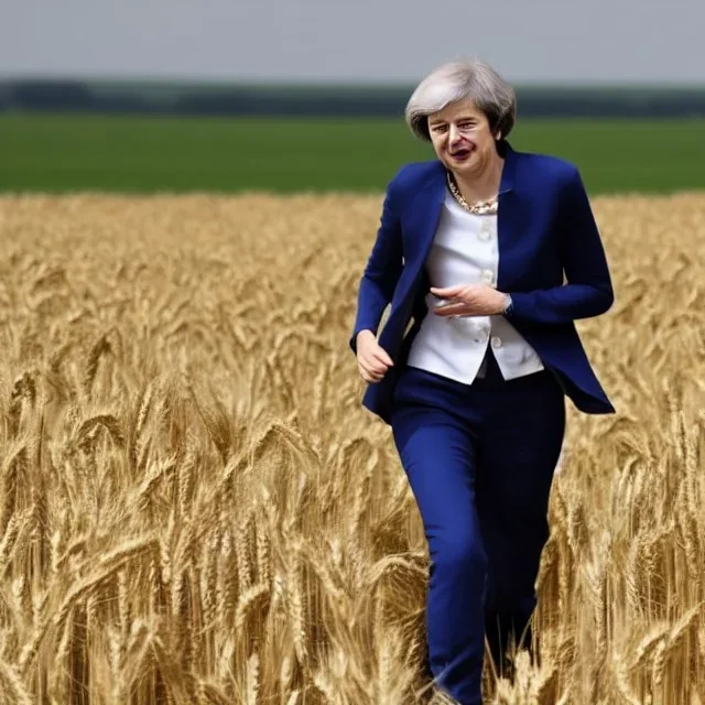 theresa may in a robot suit, running through fields of wheat, sunshine, daytime